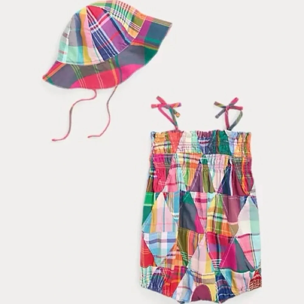 Madras Plaid Baby Romper & Hat Set - Picture 1 of 2